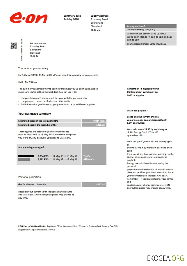 United Kingdom e.on utility bill template in word and pdf format, version 2 template